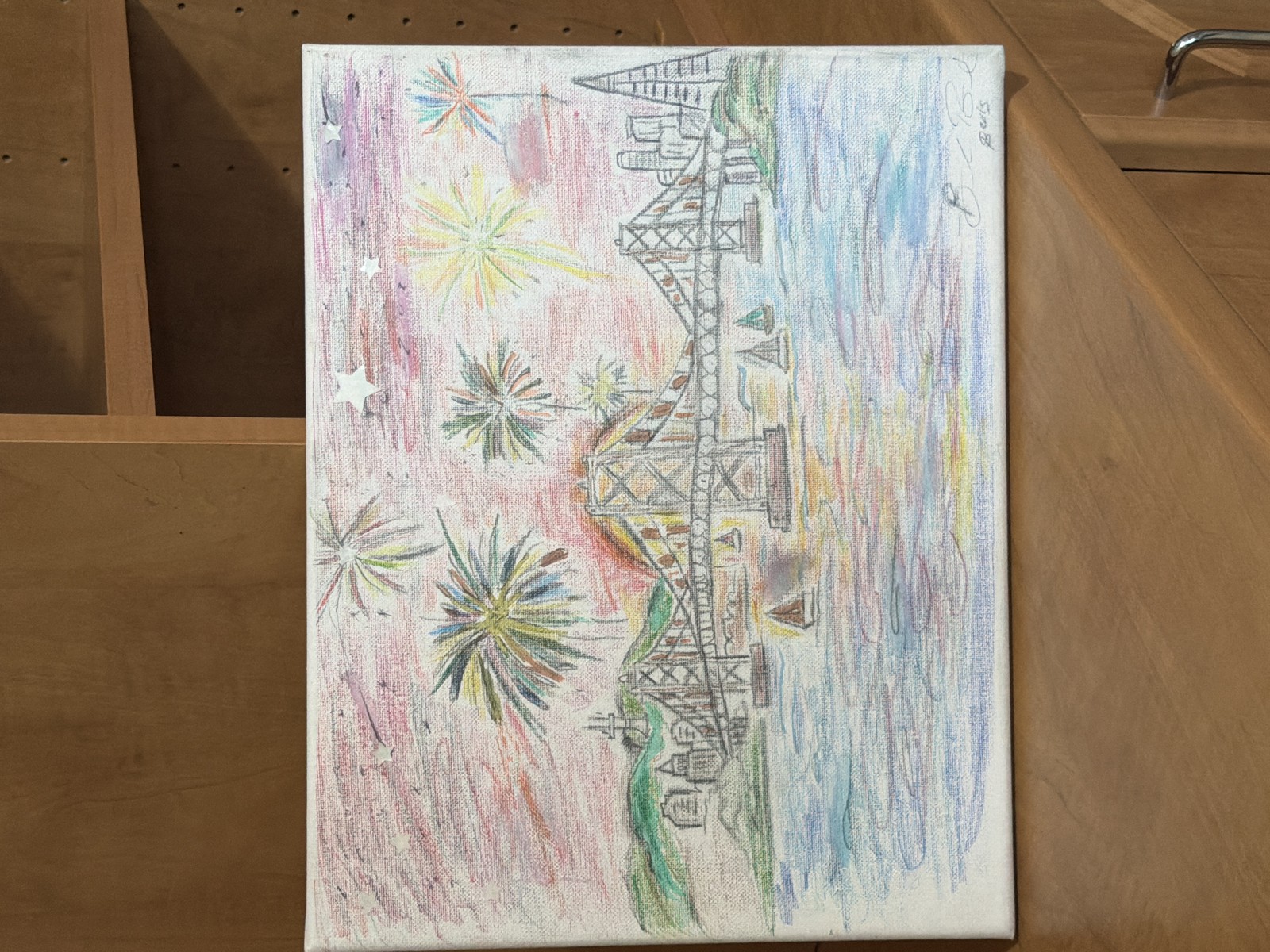 Bay Bridge fireworks — original drawing by Brandon Tito Bonds