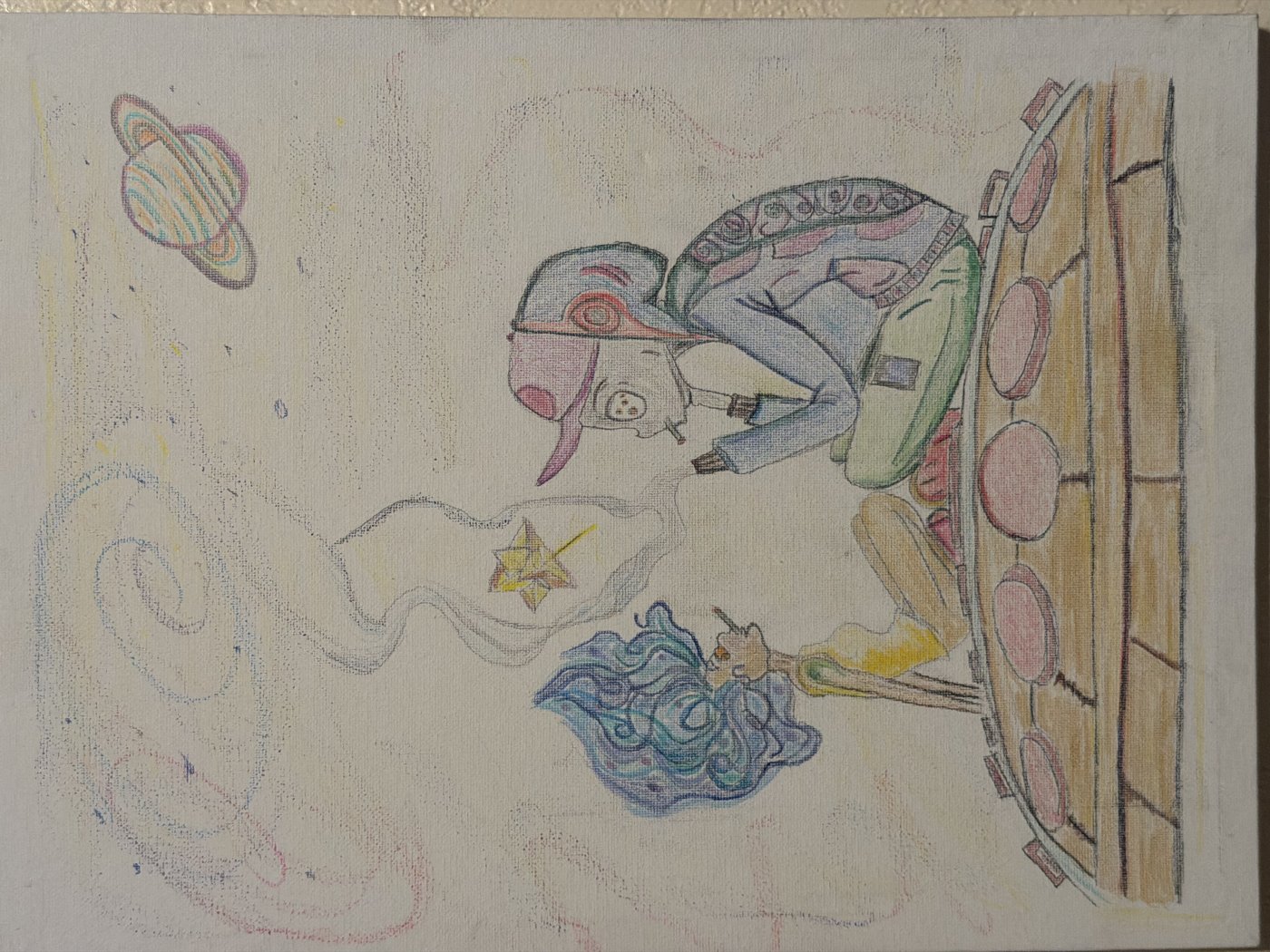 Original colored-pencil drawing by Brandon Tito Bonds — two figures on a UFO under Saturn