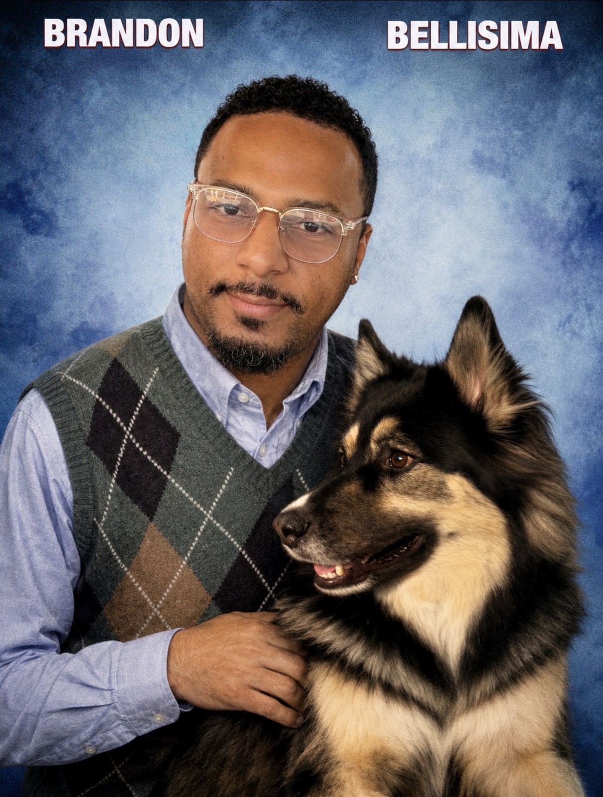 Brandon Tito Bonds and his dog Bellisima in a Stepbrothers-style portrait